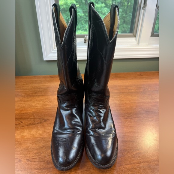 Vintage Justin Black Cowboy Boots Sz 8.5 Made in USA Registered Oil Resistant - Picture 1 of 16